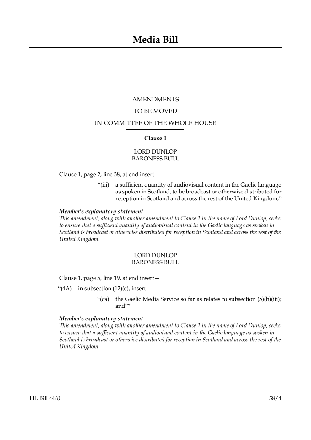 Media Bill Amendments to be moved in Committee of the Whole House