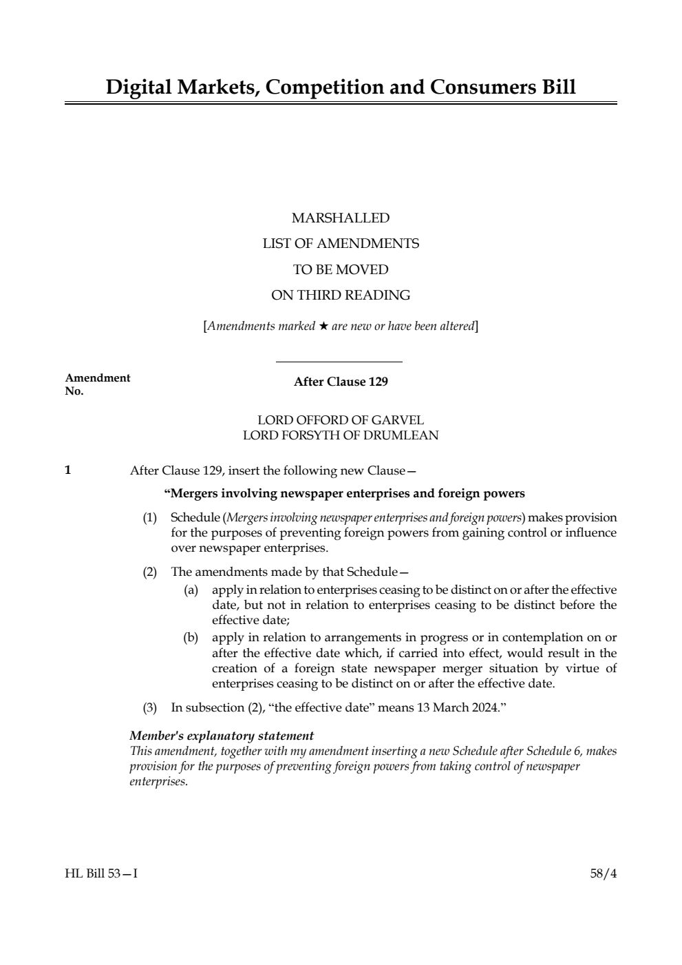 Digital Markets, Competition and Consumers Bill Marshalled List of amendments to be moved on third reading