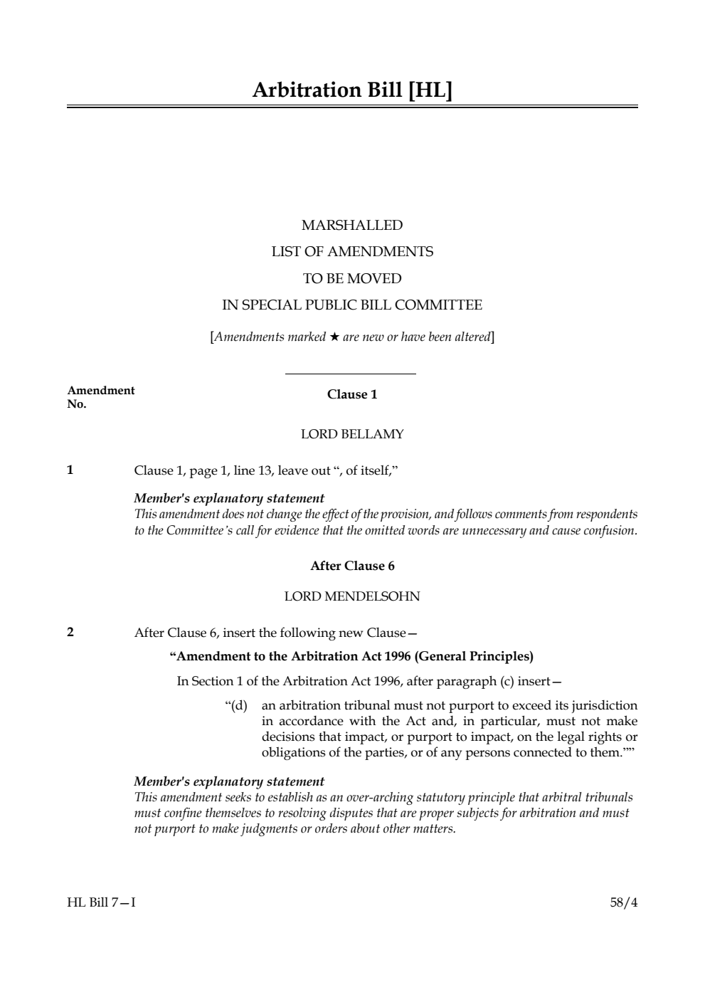 Arbitration Bill Marshalled List of amendments to be moved in special public bill Committee