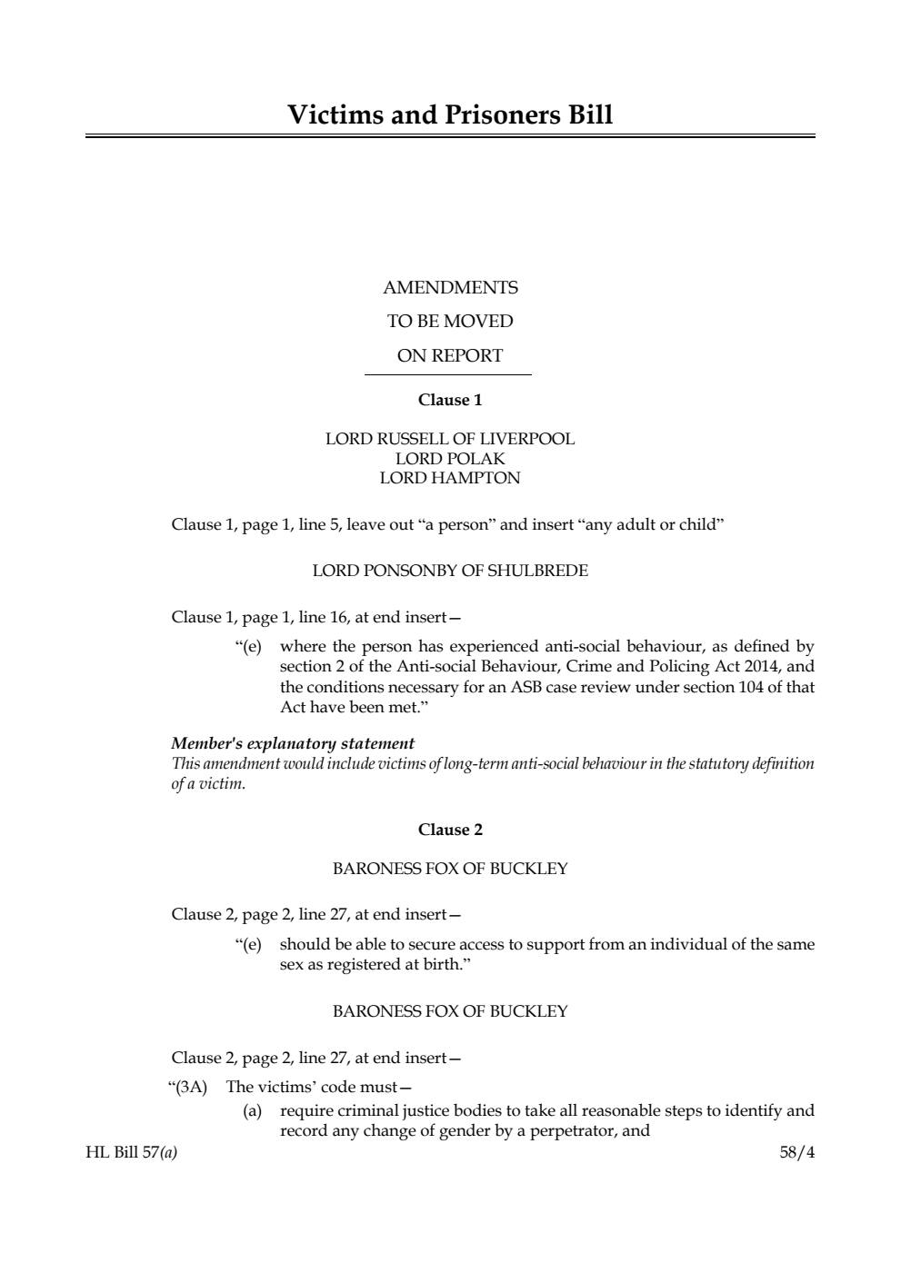 Victims and Prisoners Bill Amendments to be moved on report