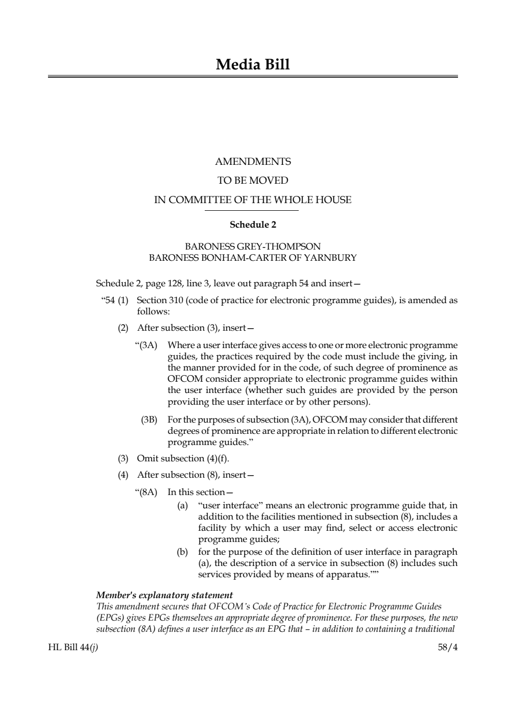 Media Bill Amendments to be moved in Committee of the Whole House