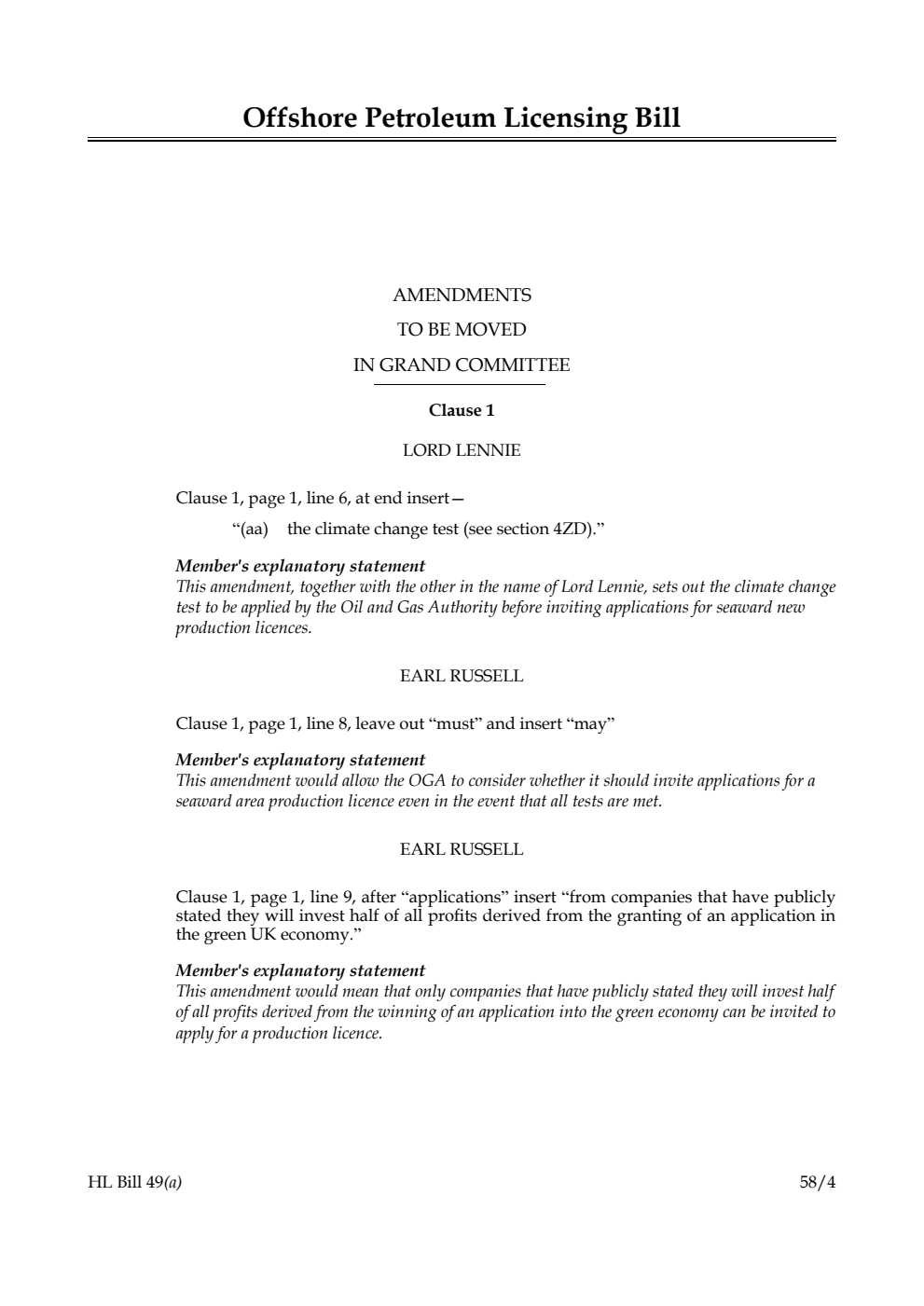 Offshore Petroleum Licensing Bill Amendments to be moved in Grand Committee