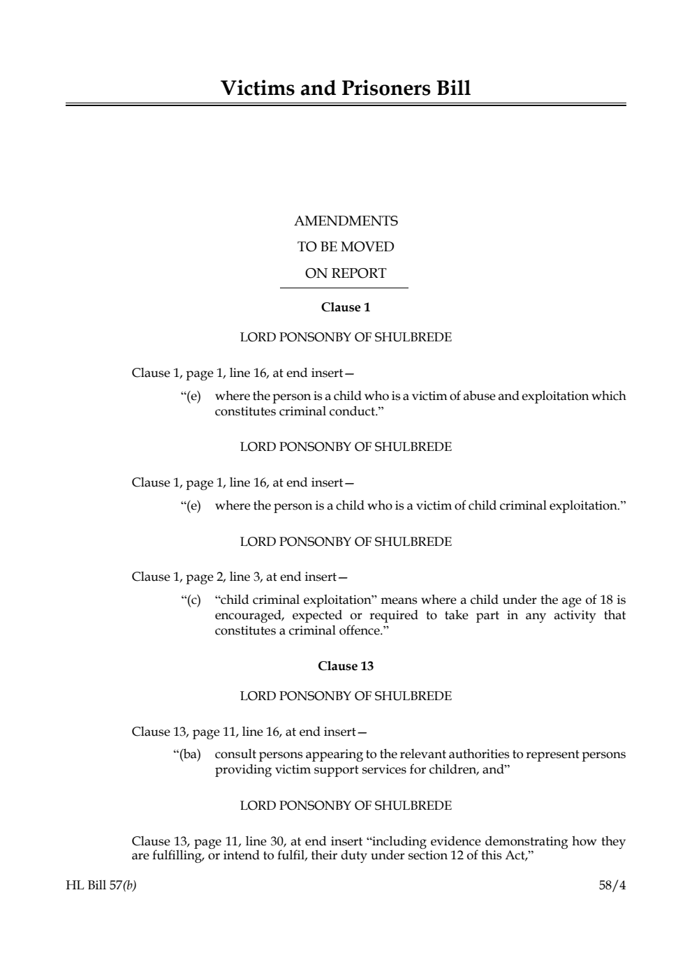 Victims and Prisoners Bill Amendments to be moved on report