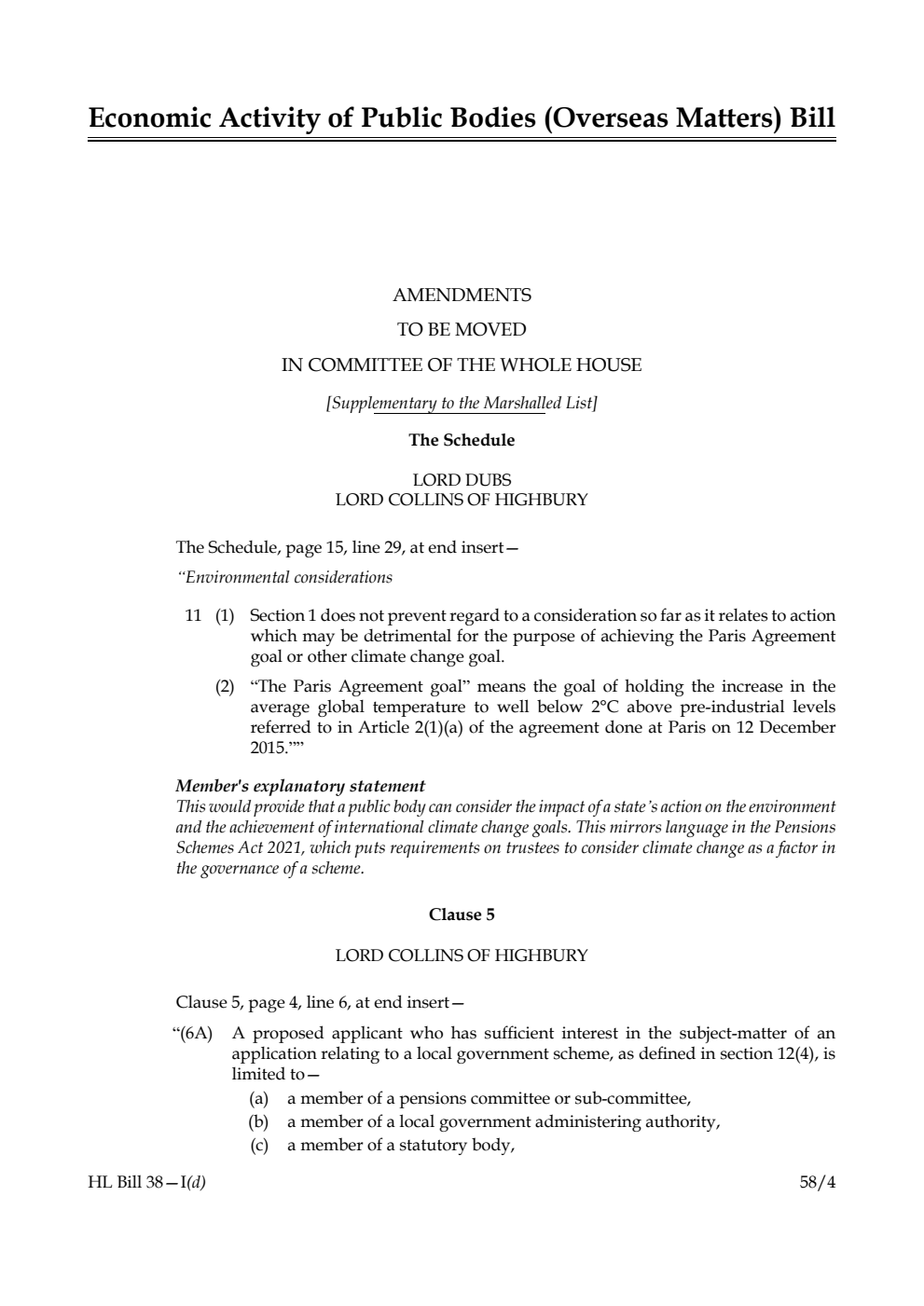 Economic Activity of Public Bodies (Overseas Matters) Bill Amendments to be moved in Committee of the Whole House [Supplementary to the Marshalled List] 