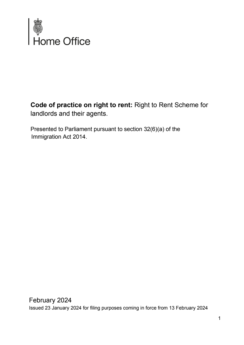 Code of practice on right to rent: Right to Rent Scheme for landlords and their agents. February 2024