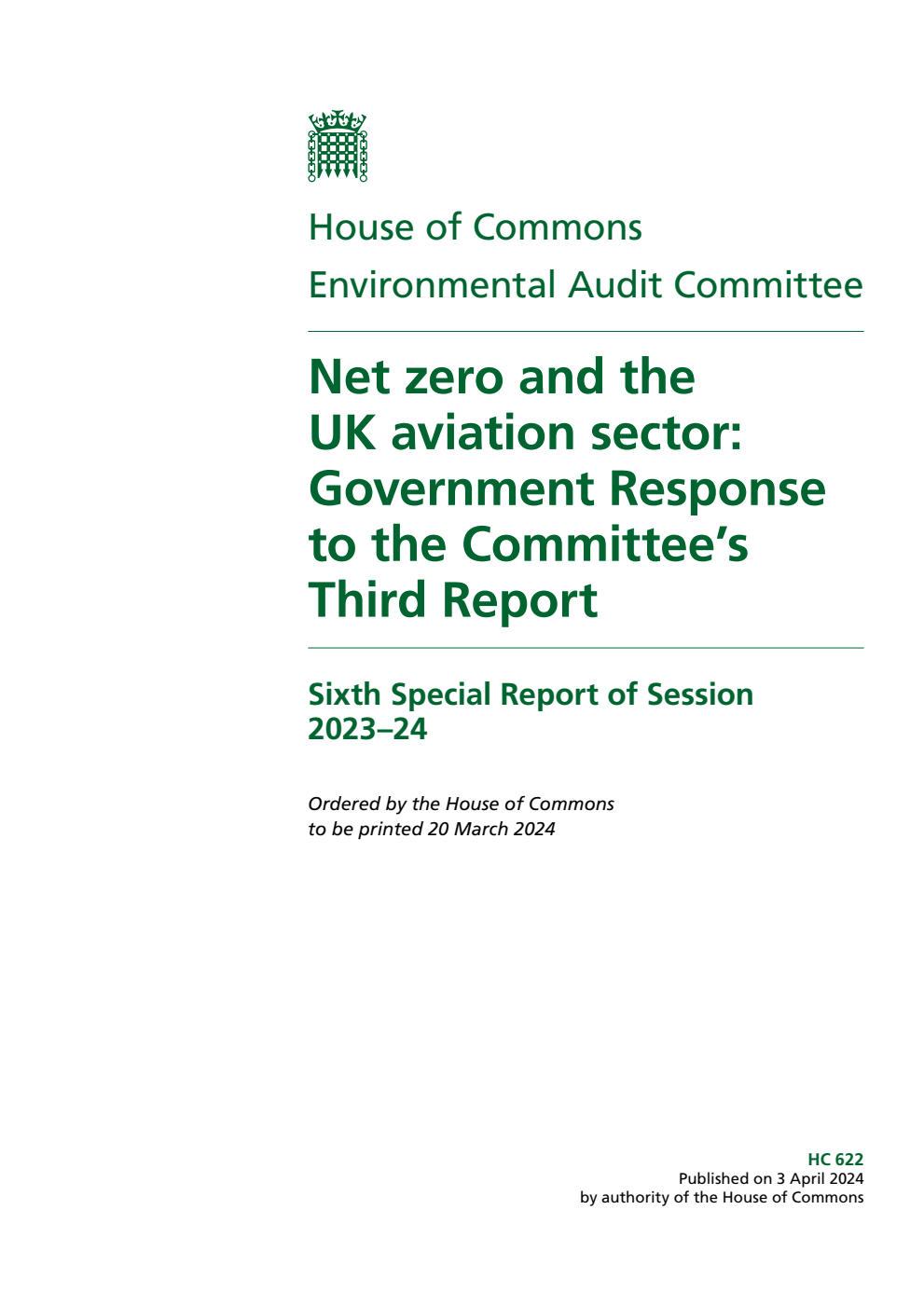 Environmental Audit Committee 6th Special Report. Net zero and the UK aviation sector: Government Response to the Committee’s Third Report