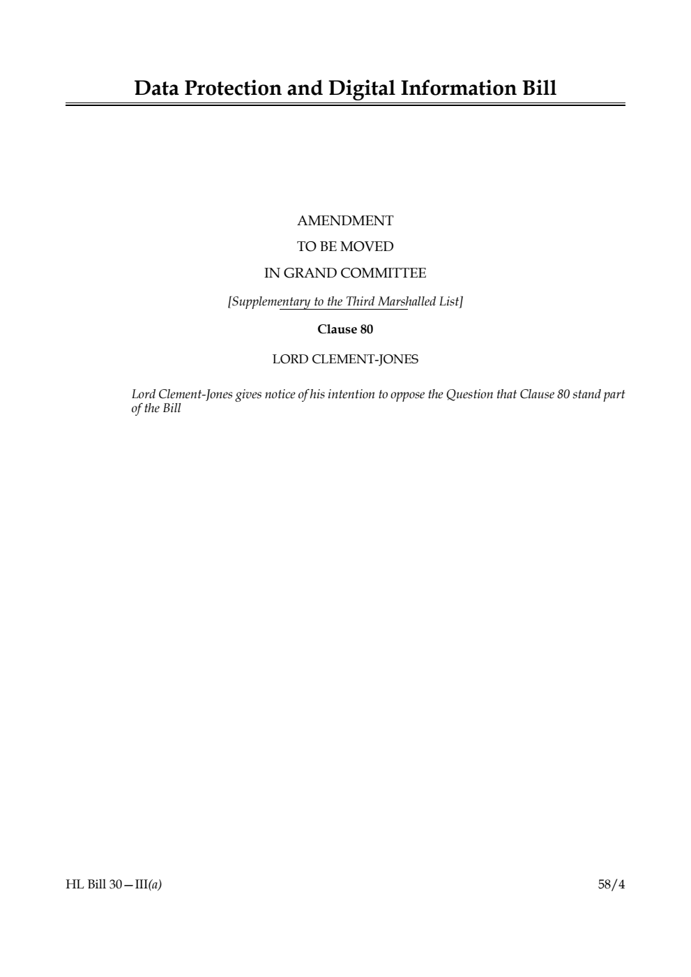 Data Protection and Digital Information Bill Amendment to be moved in Grand Committee [Supplementary to the Third Marshalled List]