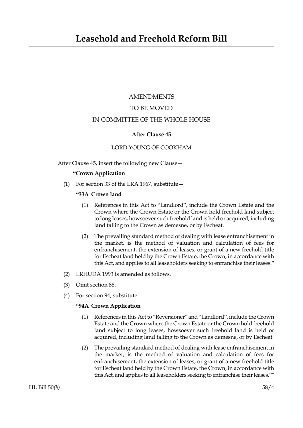 Leasehold and Freehold Reform Bill Amendments to be moved in Committee of the Whole House
