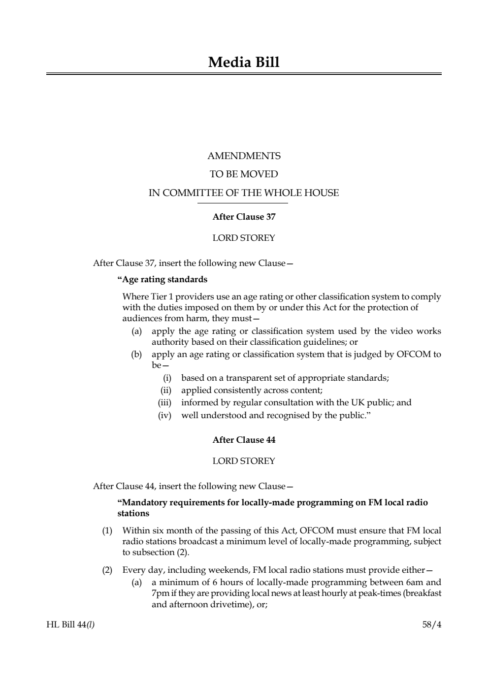 Media Bill Amendments to be moved in Committee of the Whole House