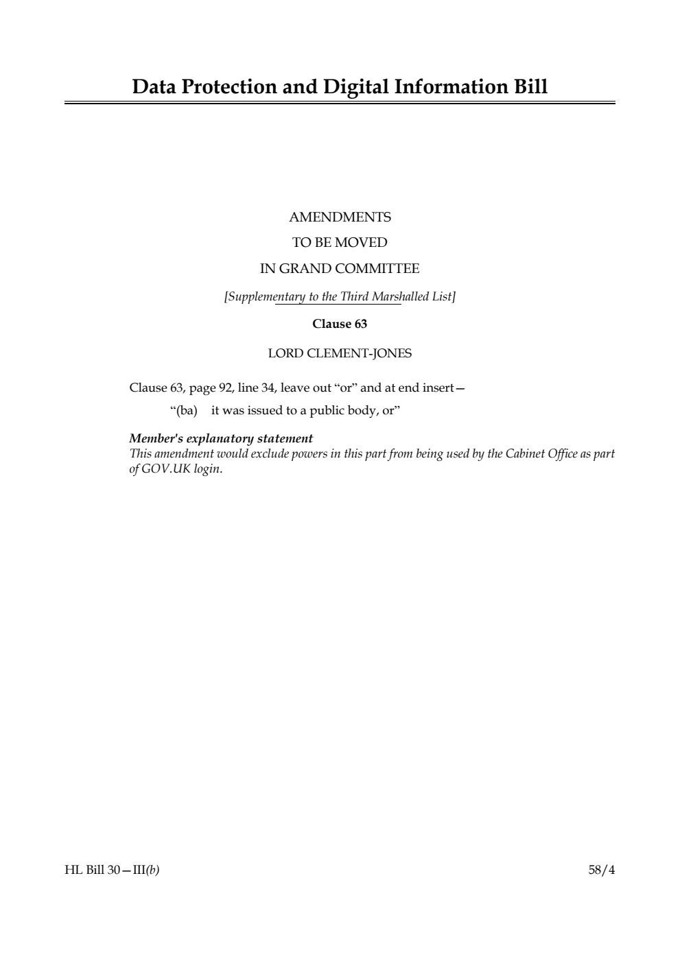 Data Protection and Digital Information Bill Amendments to be moved in Grand Committee [Supplementary to the Third Marshalled List]