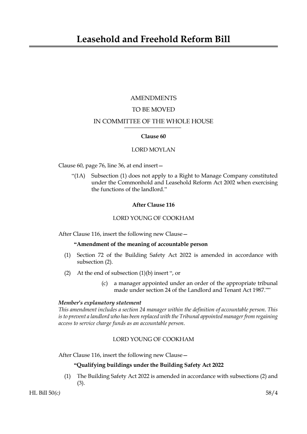 Leasehold and Freehold Reform Bill Amendments to be moved in Committee of the Whole House