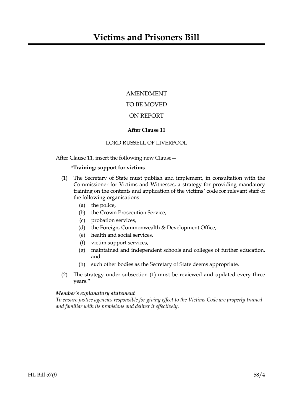 Victims and Prisoners Bill Amendment to be moved on report