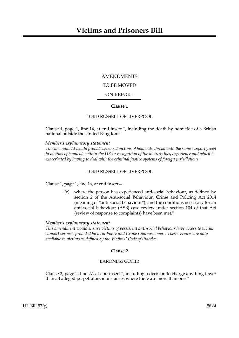 Victims and Prisoners Bill Amendments to be moved on report