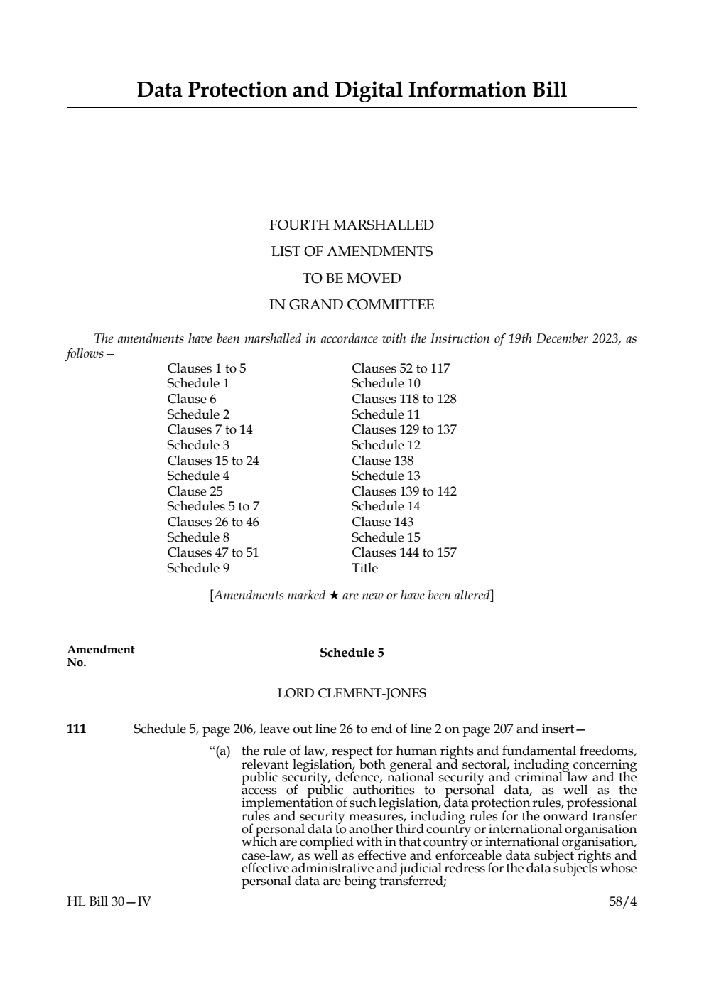 Data Protection and Digital Information Bill Fourth Marshalled List of amendments to be moved in Grand Committee