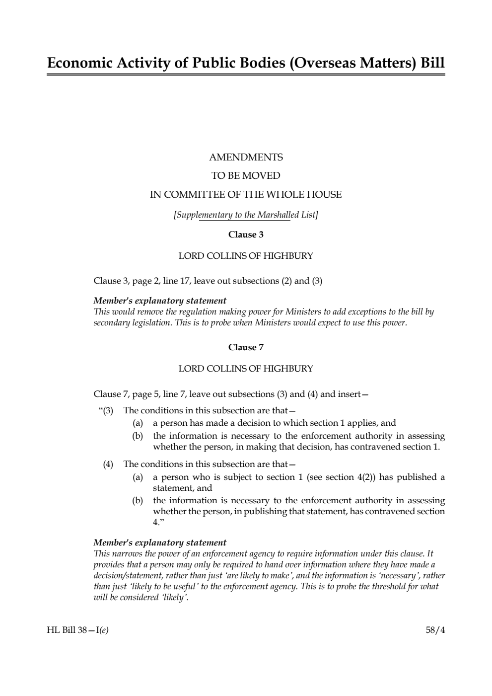Economic Activity of Public Bodies (Overseas Matters) Bill Amendments to be moved in Committee of the Whole House [Supplementary to the Marshalled List]