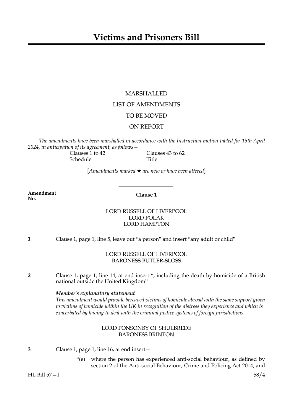 Victims and Prisoners Bill Marshalled List of amendments to be moved on report