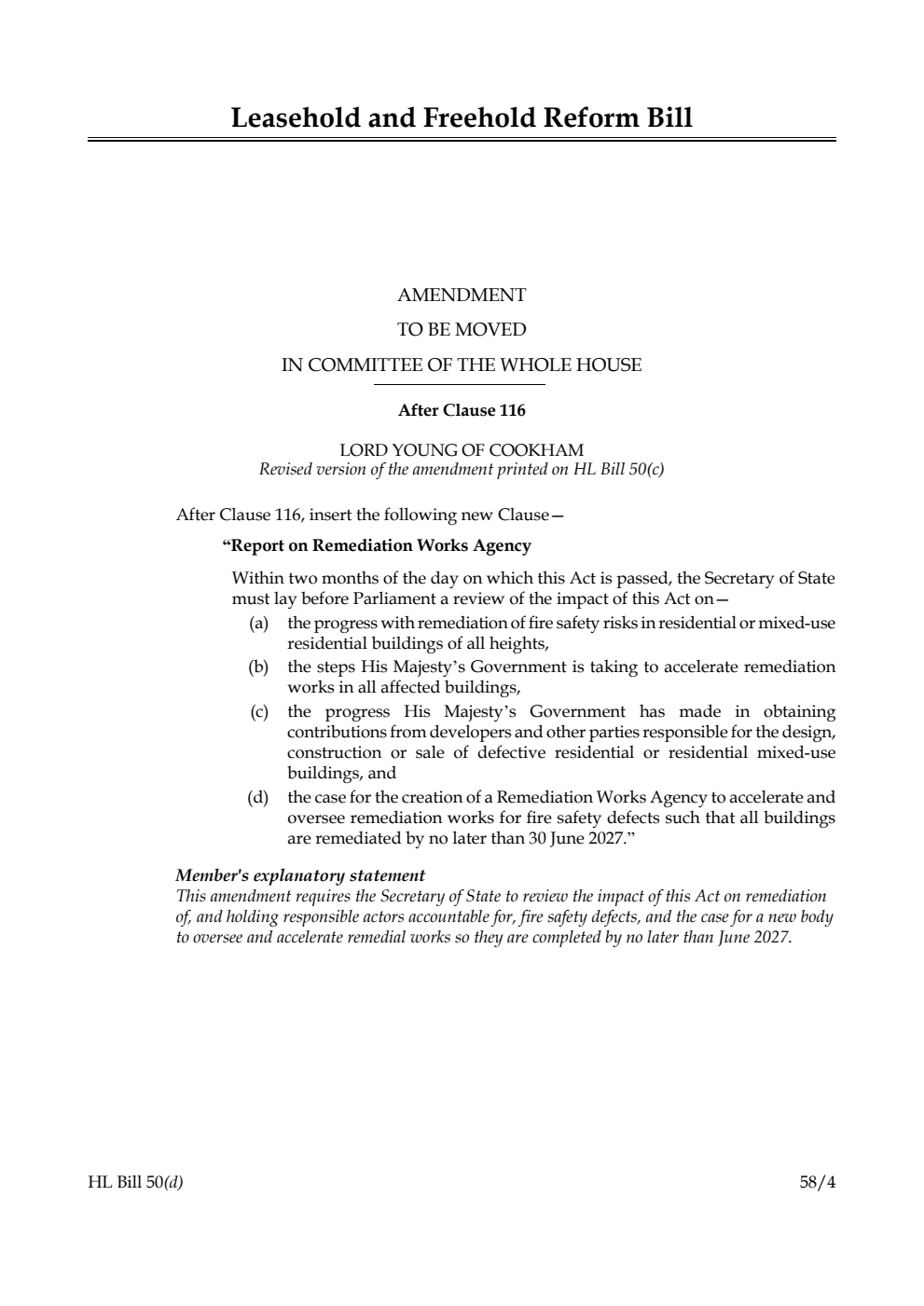Leasehold and Freehold Reform Bill Amendment to be moved in Committee of the Whole House