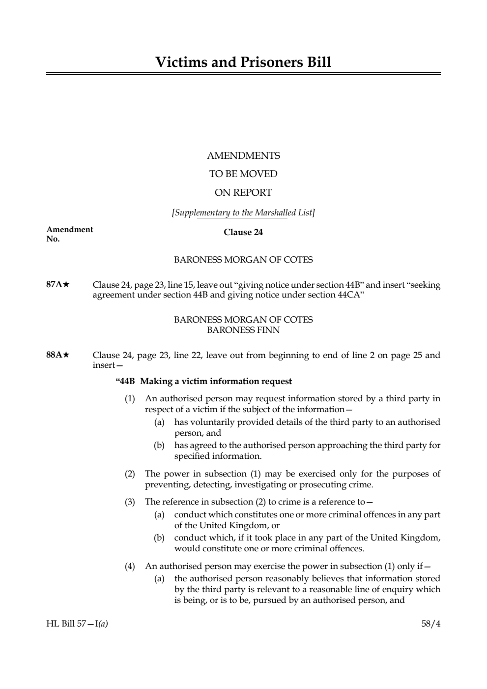 Victims and Prisoners Bill Amendments to be moved on report [Supplementary to the Marshalled List]