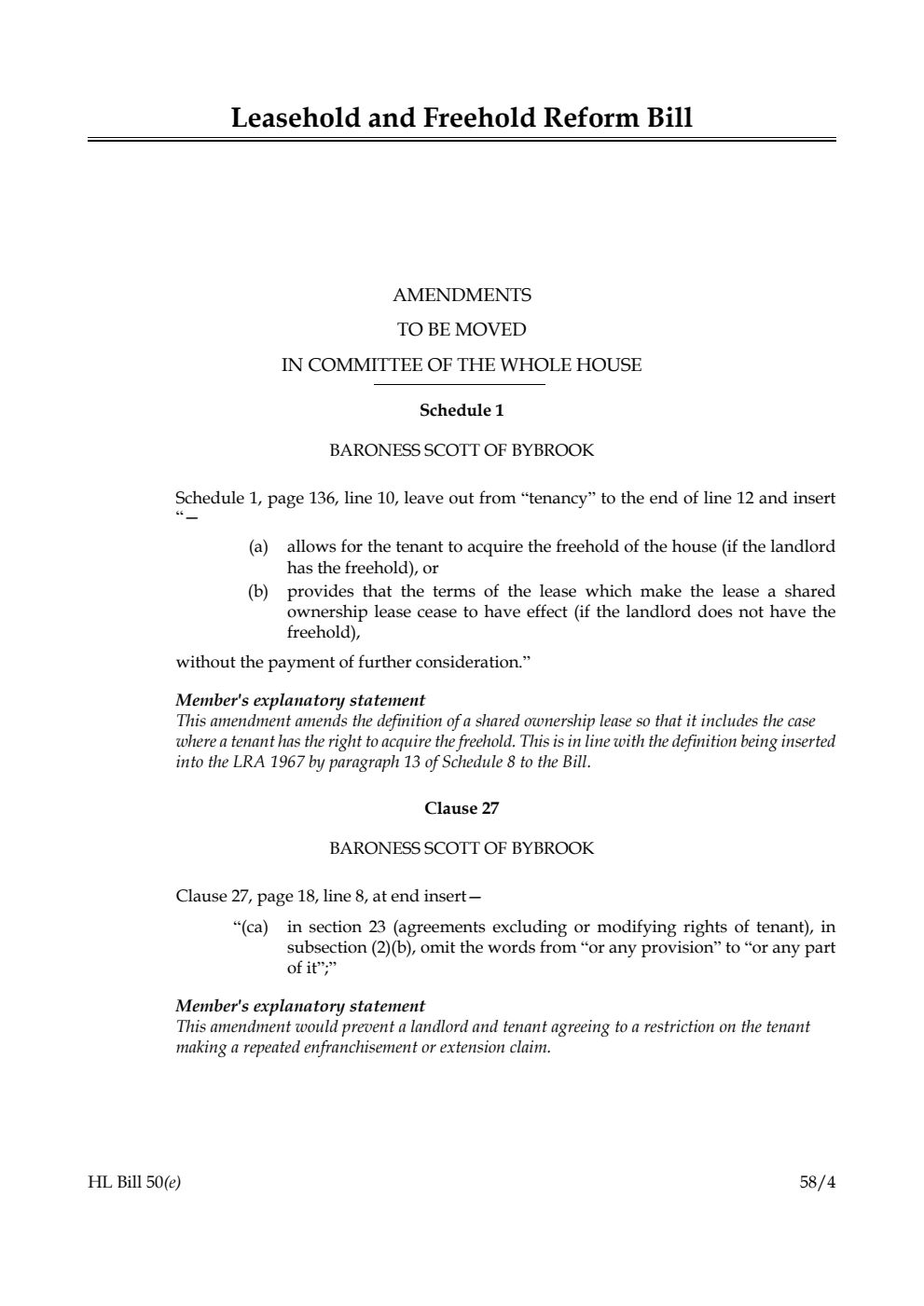 Leasehold and Freehold Reform Bill Amendments to be moved in Committee of the Whole House