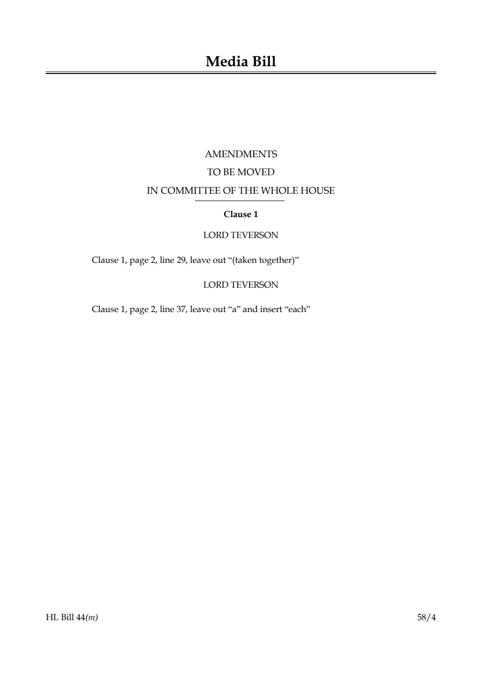 Media Bill Amendments to be moved in Committee of the Whole House