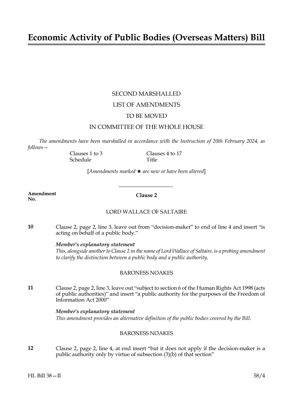 Economic Activity of Public Bodies (Overseas Matters) Bill Second Marshalled List of amendments to be moved in Committee of the Whole House