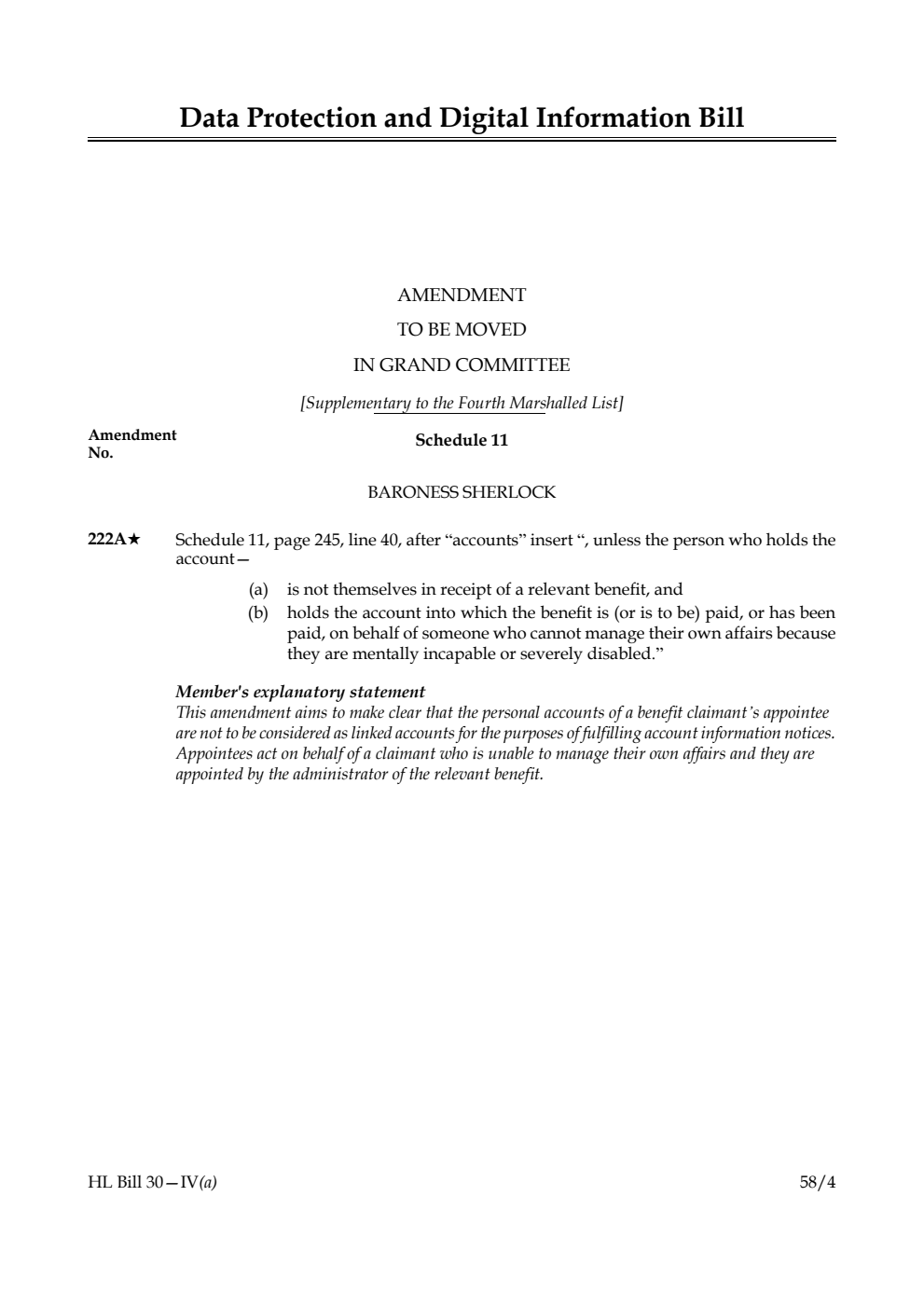 Data Protection and Digital Information Bill Amendment to be moved in Grand Committee [Supplementary to the Fourth Marshalled List] 