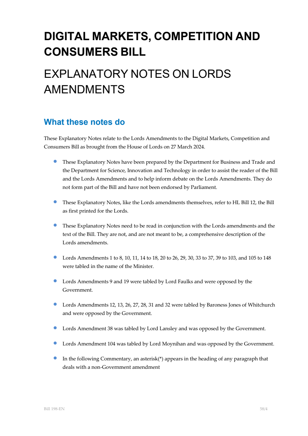 Digital Markets, Competition and Consumers Bill Explanatory Notes on Lords Amendments