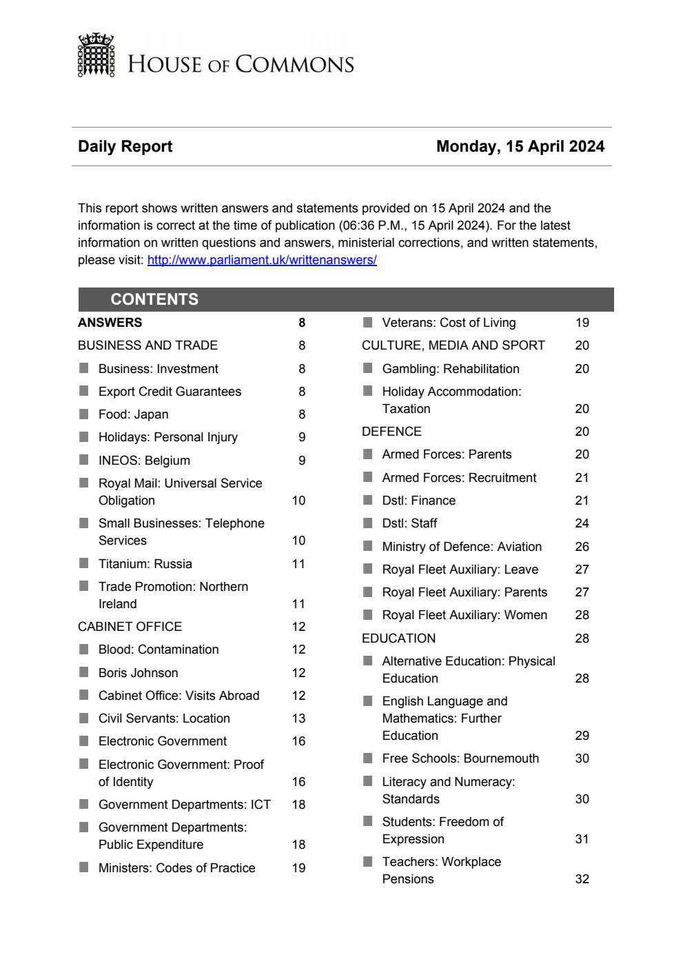 HOC Daily Report Written Statements and Answers 15.04.24