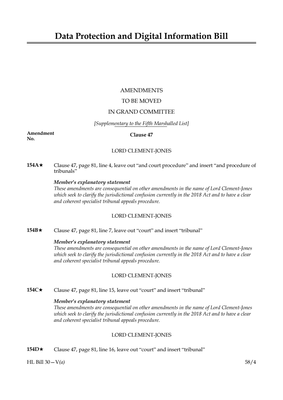 Data Protection and Digital Information Bill Amendments to be moved in Grand Committee [Supplementary to the Fifth Marshalled List]