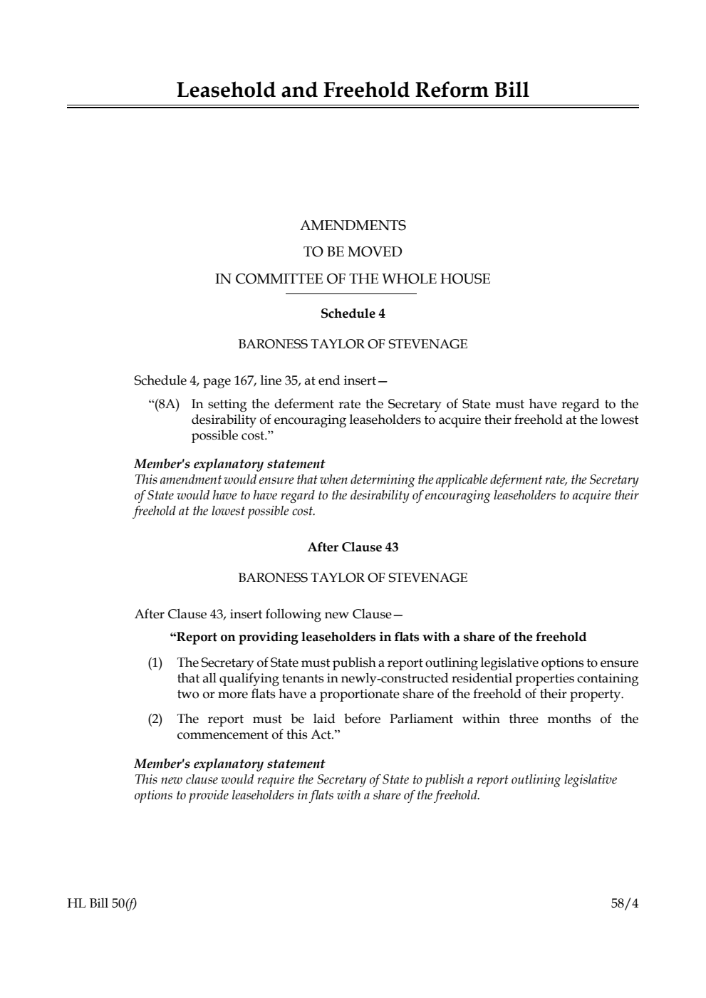 Leasehold and Freehold Reform Bill Amendments to be moved in Committee of the Whole House
