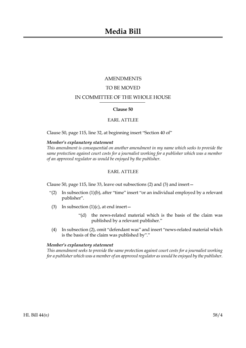 Media Bill Amendments to be moved in Committee of the Whole House