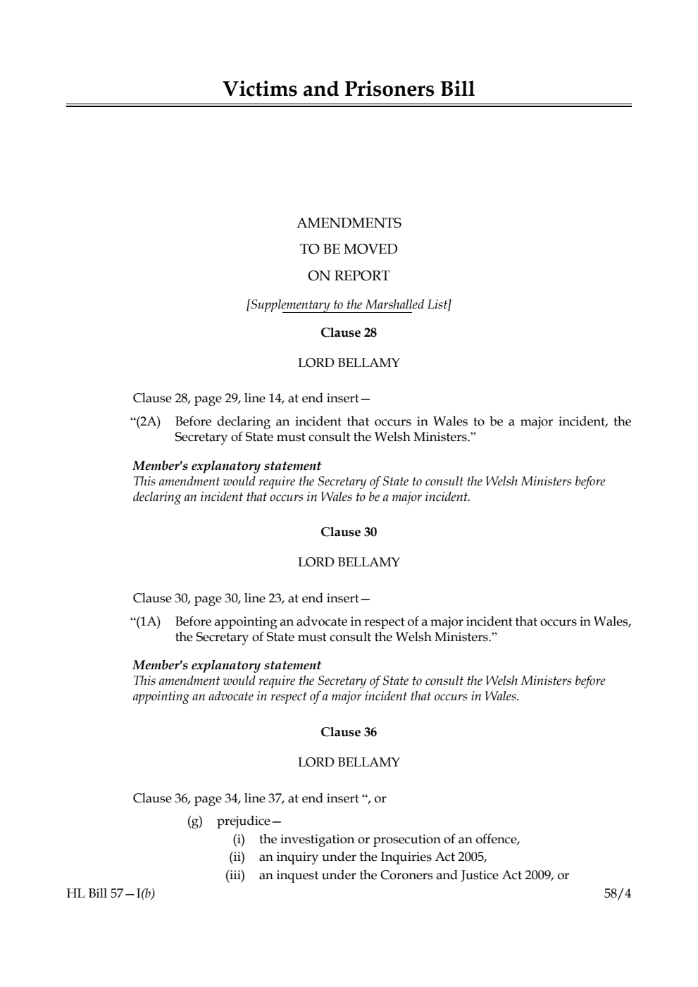 Victims and Prisoners Bill Amendments to be moved on report [Supplementary to the Marshalled List]