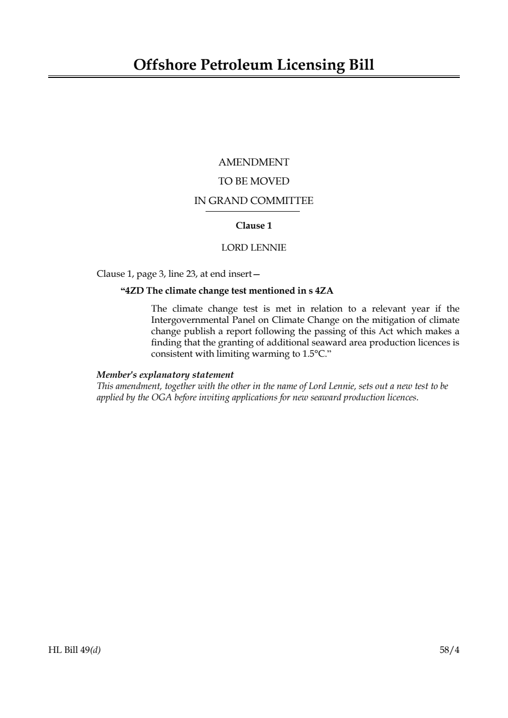 Offshore Petroleum Licensing Bill Amendment to be moved in Grand Committee