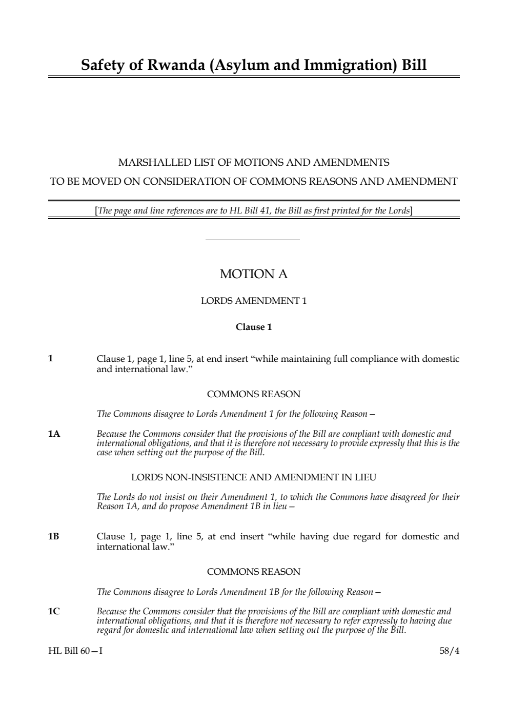 Safety of Rwanda (Asylum and Immigration) Bill Marshalled List of motions and amendments to be moved on consideration of Commons reasons and amendment