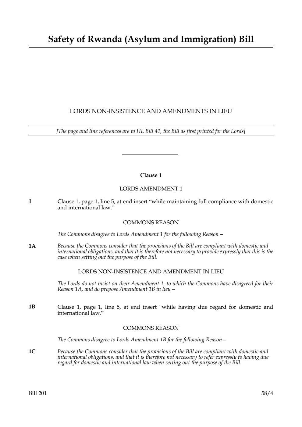 Safety of Rwanda (Asylum and Immigration) Bill Lords non-insistence and amendments in lieu