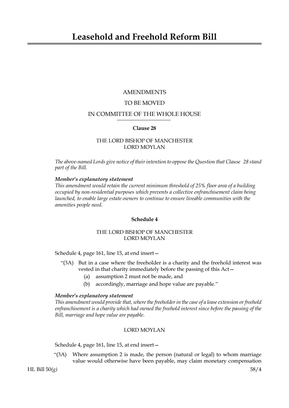Leasehold and Freehold Reform Bill Amendments to be moved in Committee of the Whole House