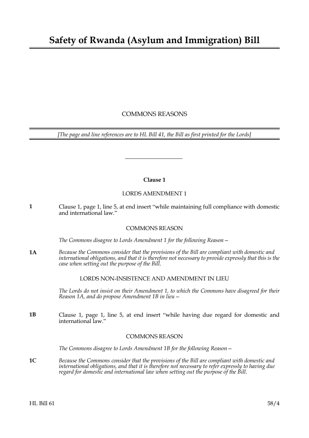 Safety of Rwanda (Asylum and Immigration) Bill Commons reasons