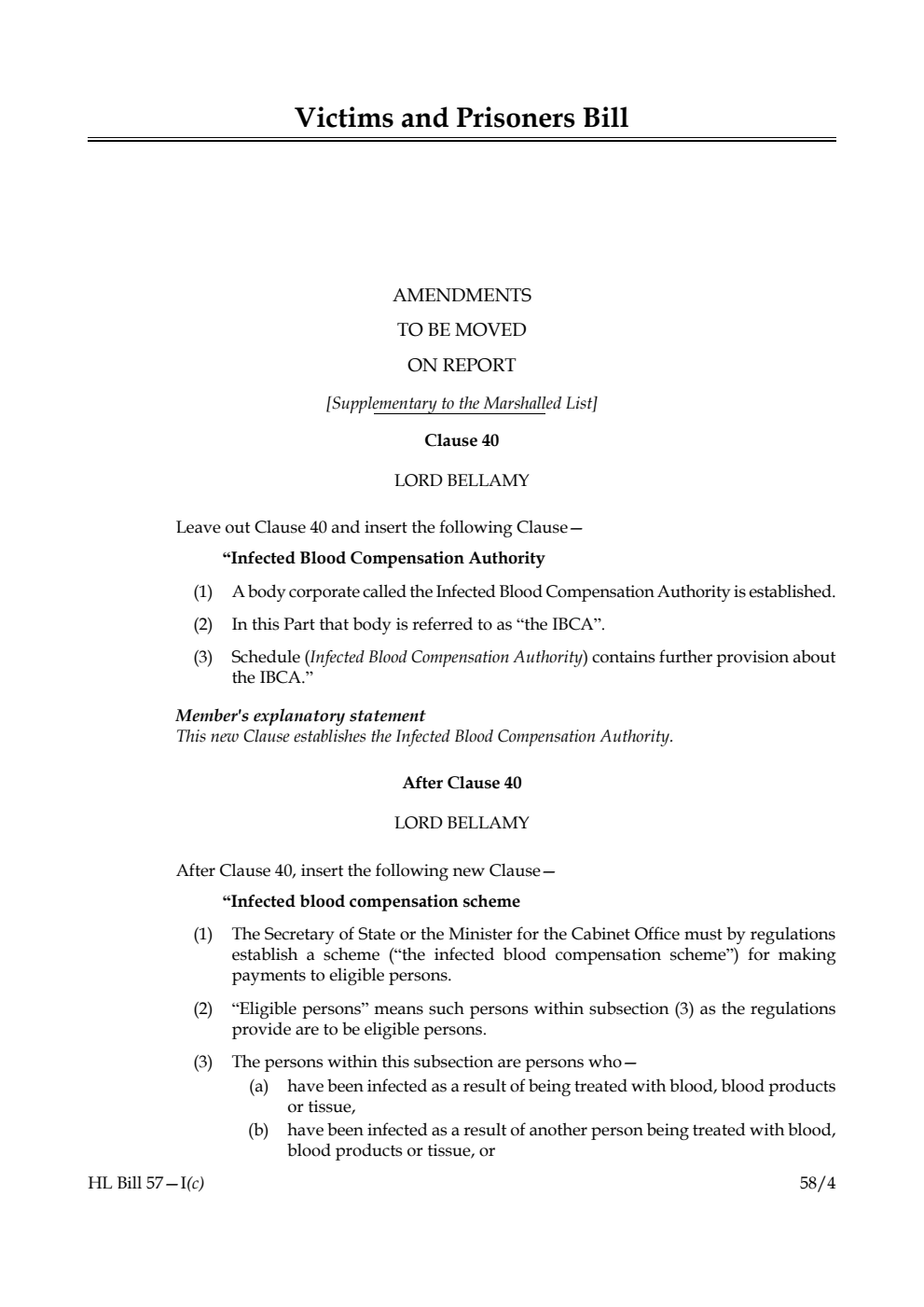 Victims and Prisoners Bill Amendments to be moved on report [Supplementary to the Marshalled List] 