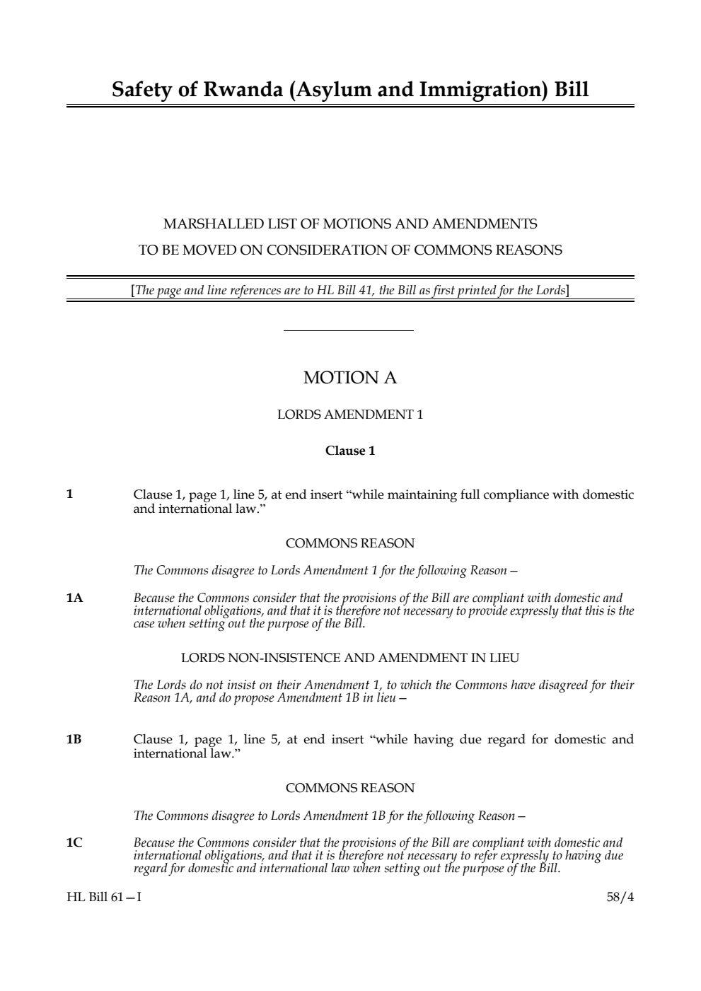 Safety of Rwanda (Asylum and Immigration) Bill Marshalled List of motions and amendments to be moved on consideration of Commons reasons