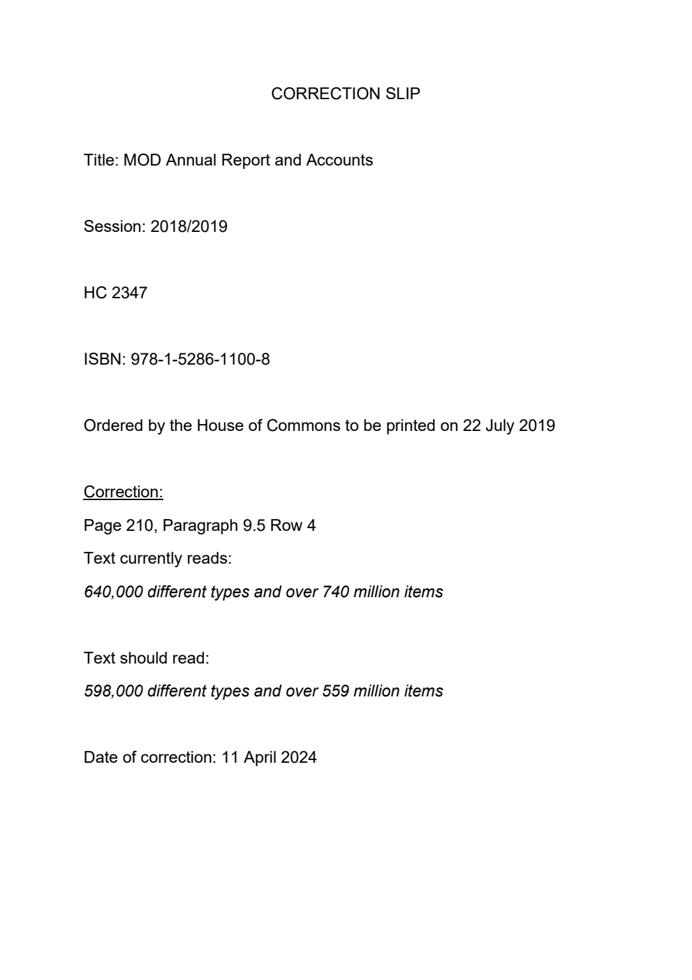 Ministry of Defence Annual Report and Accounts 2018-19 for the year ended 31 March 2019. 2nd Correction Slip, April 2024