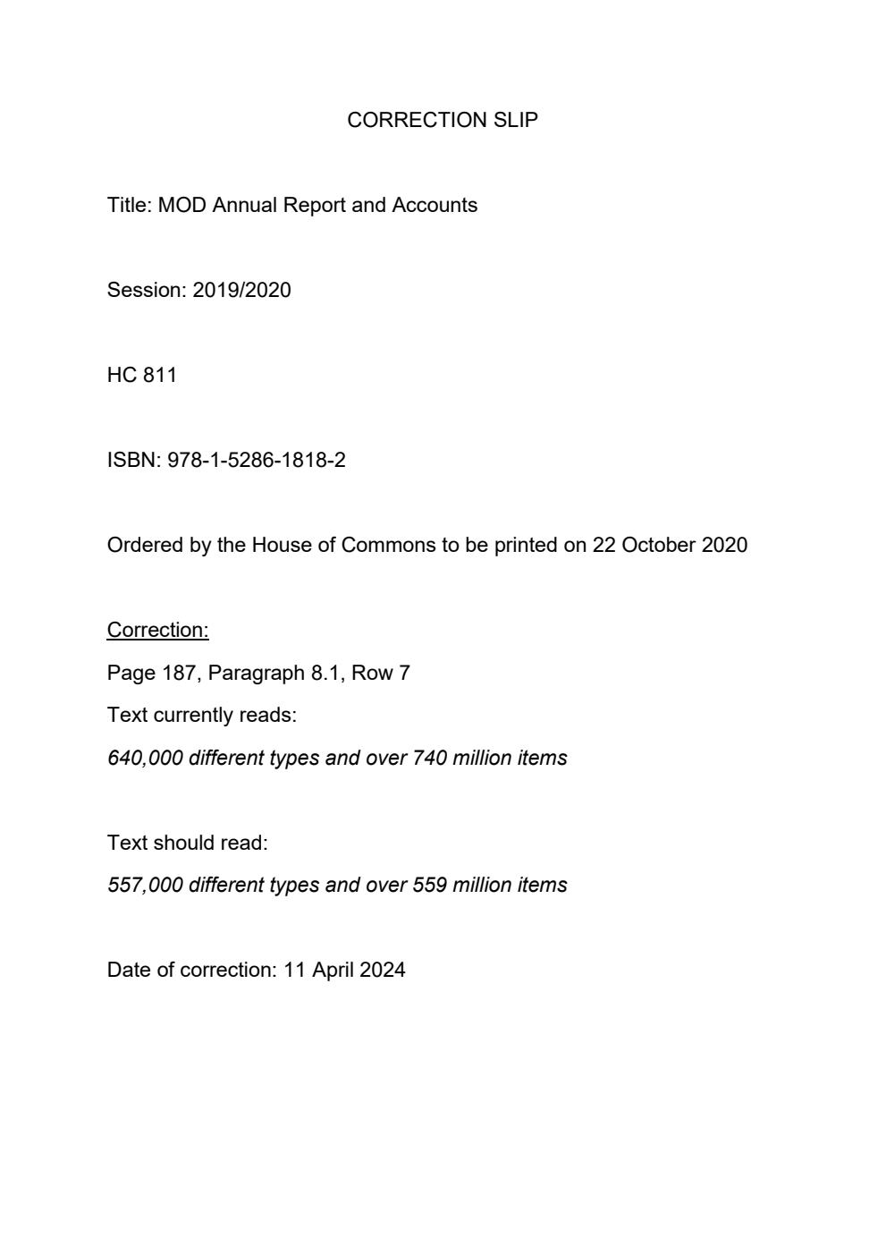 Ministry of Defence Annual Report and Accounts 2019-20 for the year ended 31 March 2020, Correction Slip, April 2024