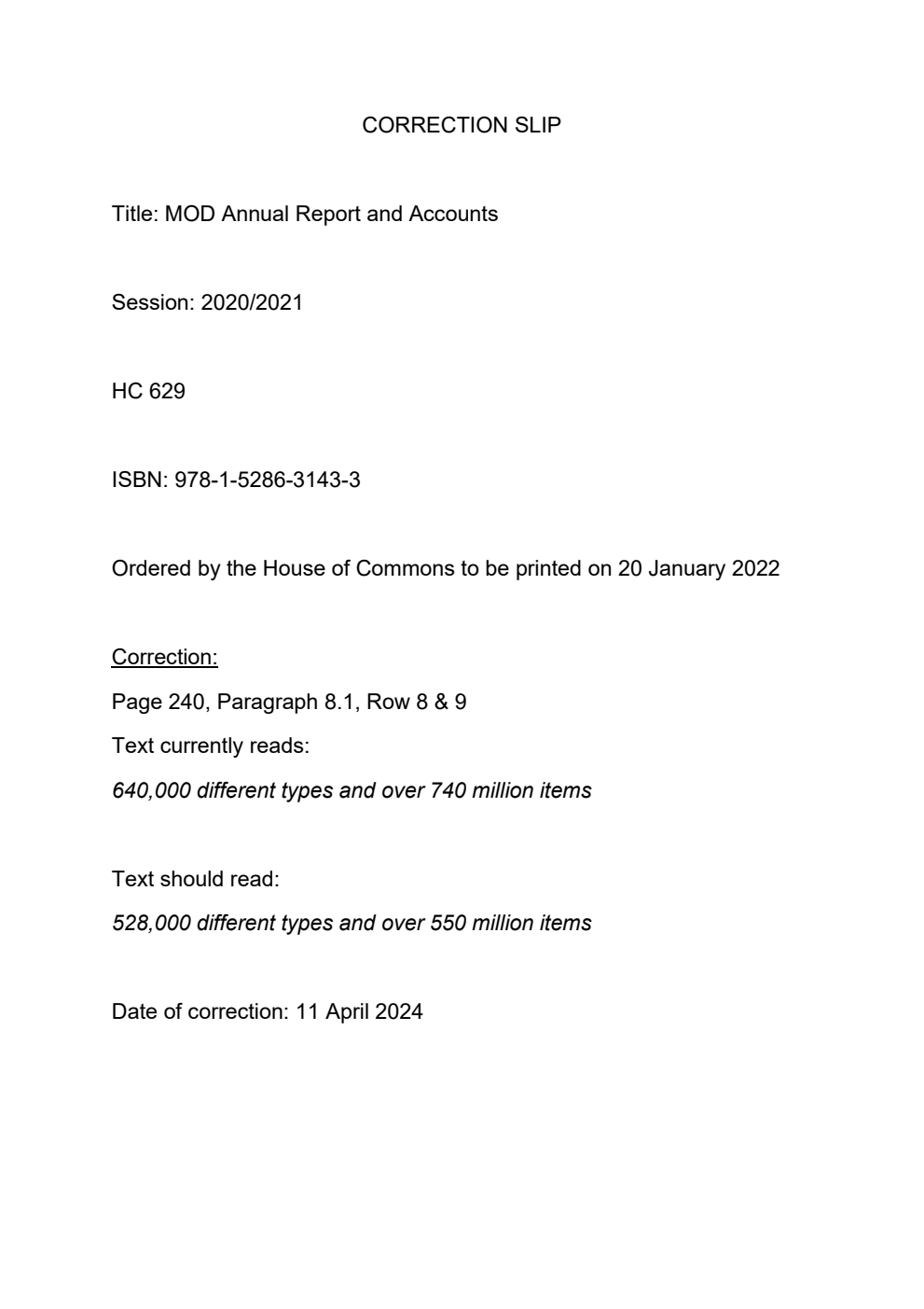 Ministry of Defence Annual Report and Accounts 2020-21 for the year ended 31 March 2021, Correction Slip, April 2024