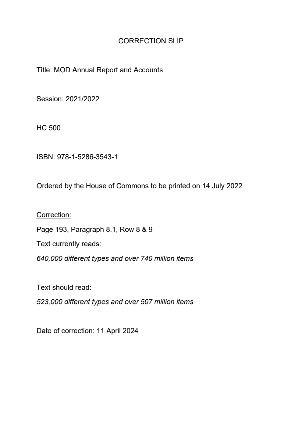 Ministry of Defence Annual Report and Accounts 2021-22 for the year ended 31 March 2022, Correction Slip, April 2024