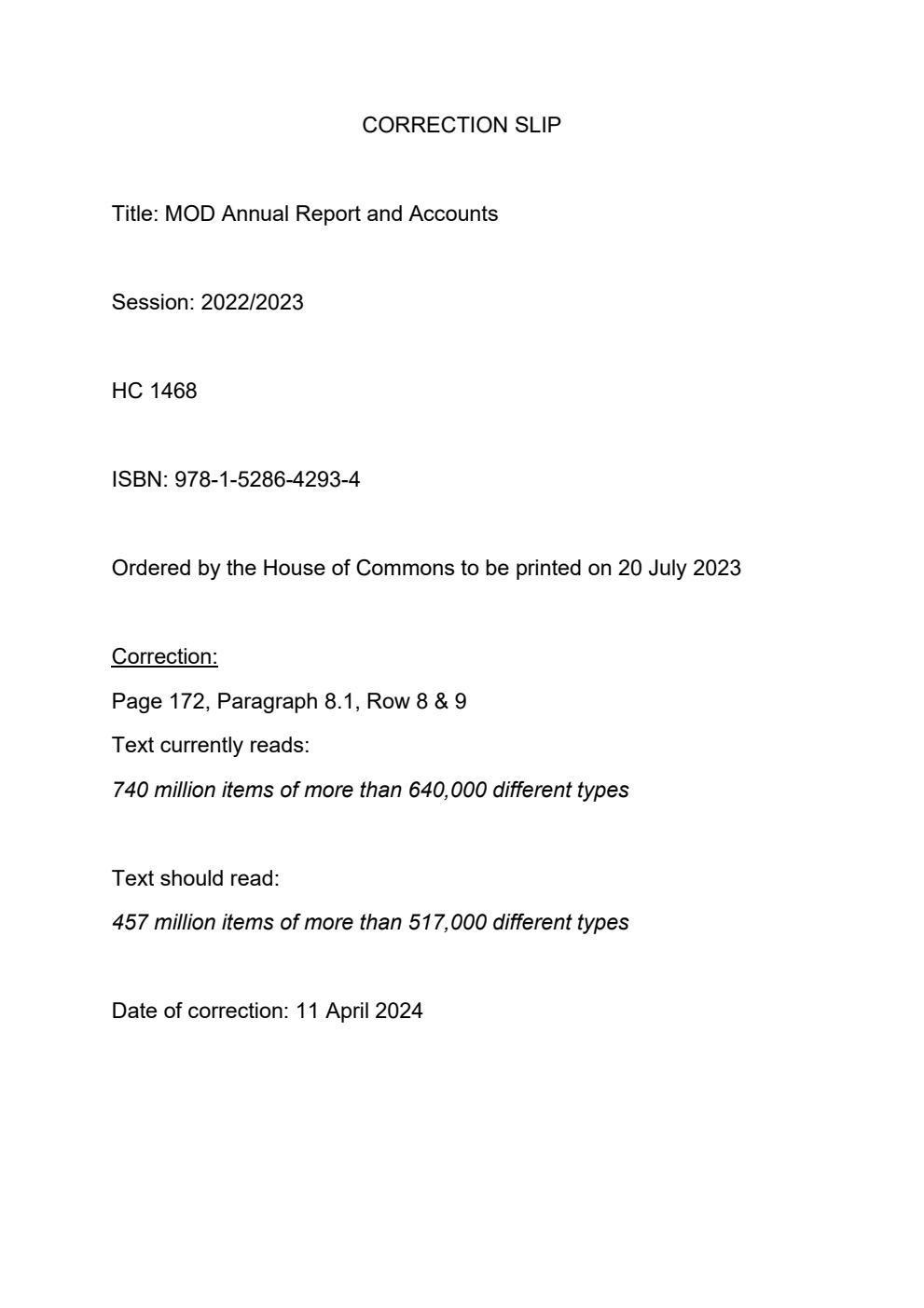 Ministry of Defence Annual Report and Accounts 2022-23 for the year ended 31 March 2023, Correction Slip, April 2024