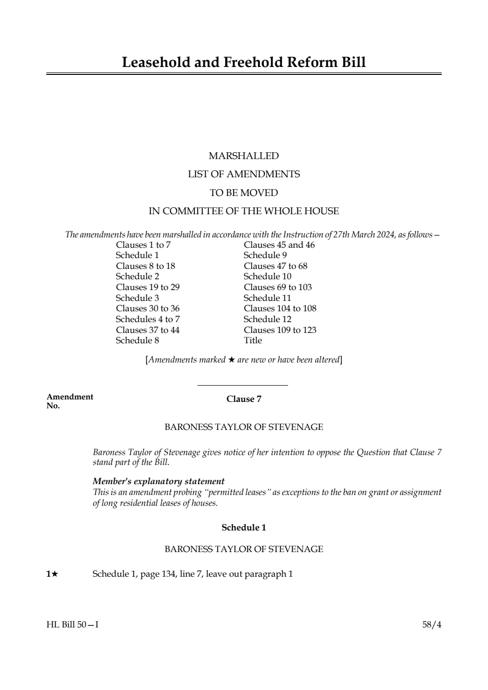Leasehold and Freehold Reform Bill Marshalled List of amendments to be moved in Committee of the Whole House