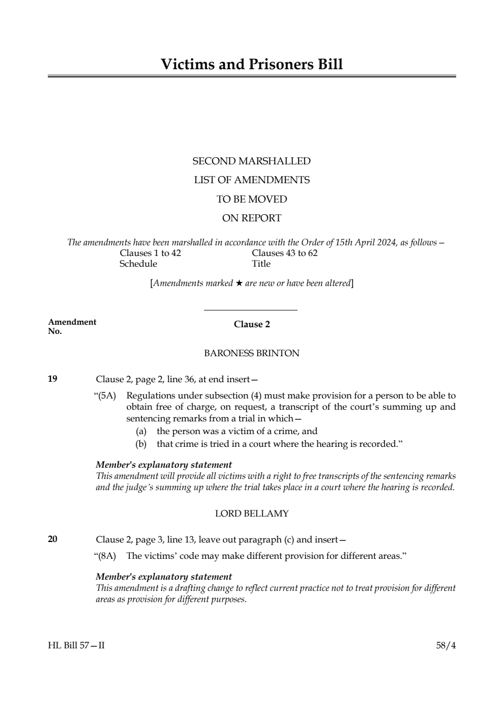Victims and Prisoners Bill Second Marshalled List of amendments to be moved on report