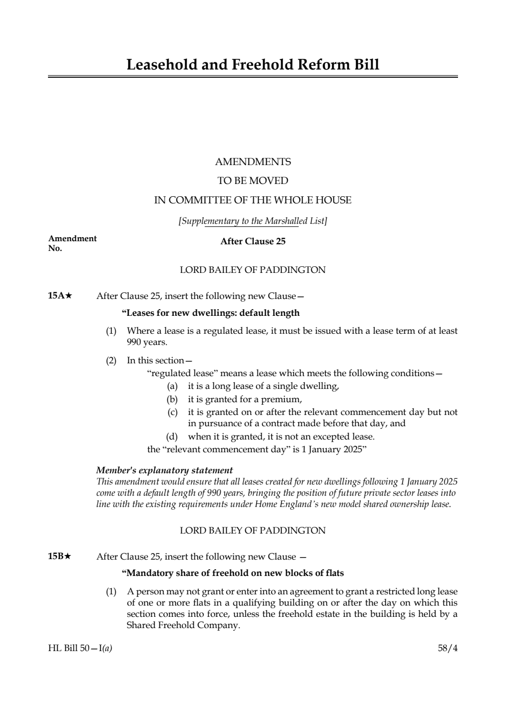 Leasehold and Freehold Reform Bill Amendments to be moved in Committee of the Whole House [Supplementary to the Marshalled List]