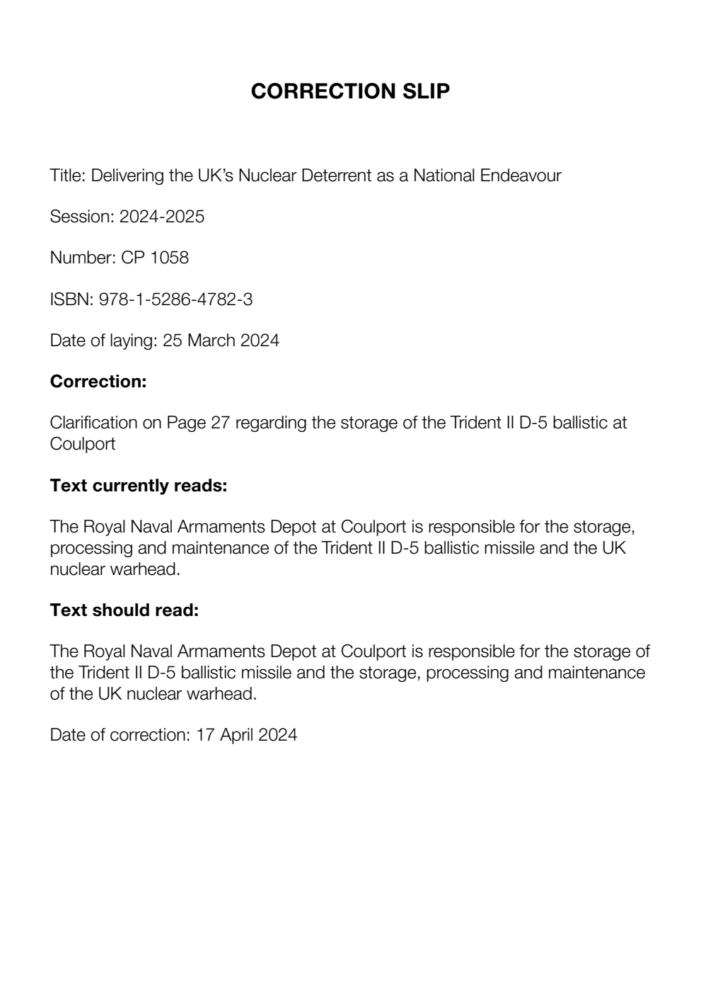 Delivering the UK’s Nuclear Deterrent as a National Endeavour. Correction Slip, April 2024