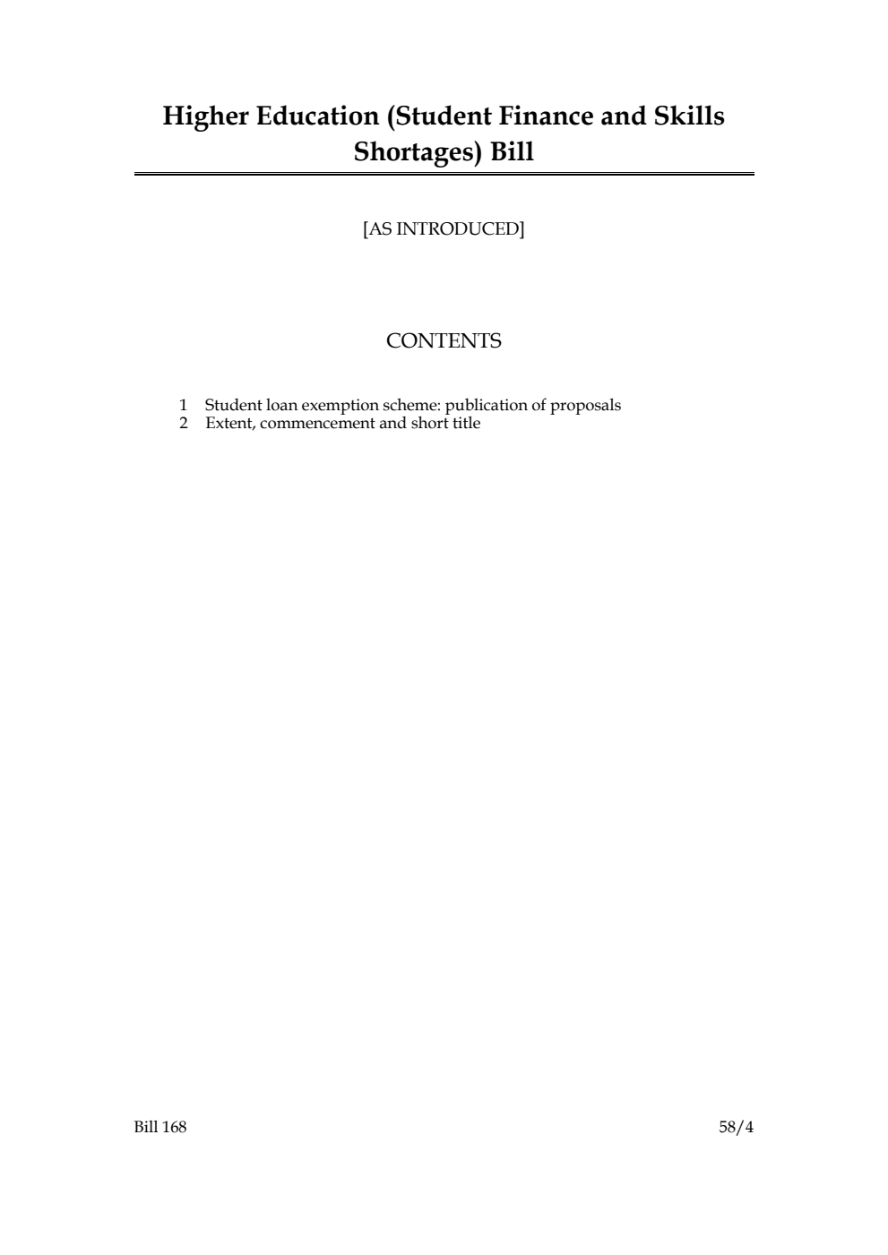 Higher Education (Student Finance and Skills Shortages) Bill