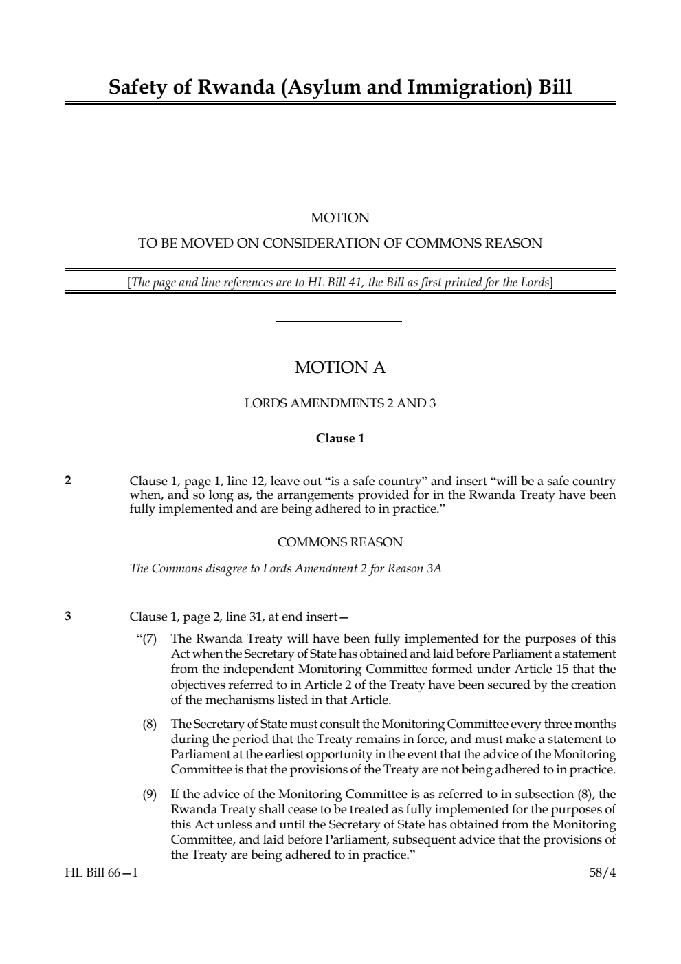Safety of Rwanda (Asylum and Immigration) Bill Motion to be moved on consideration of Commons reason